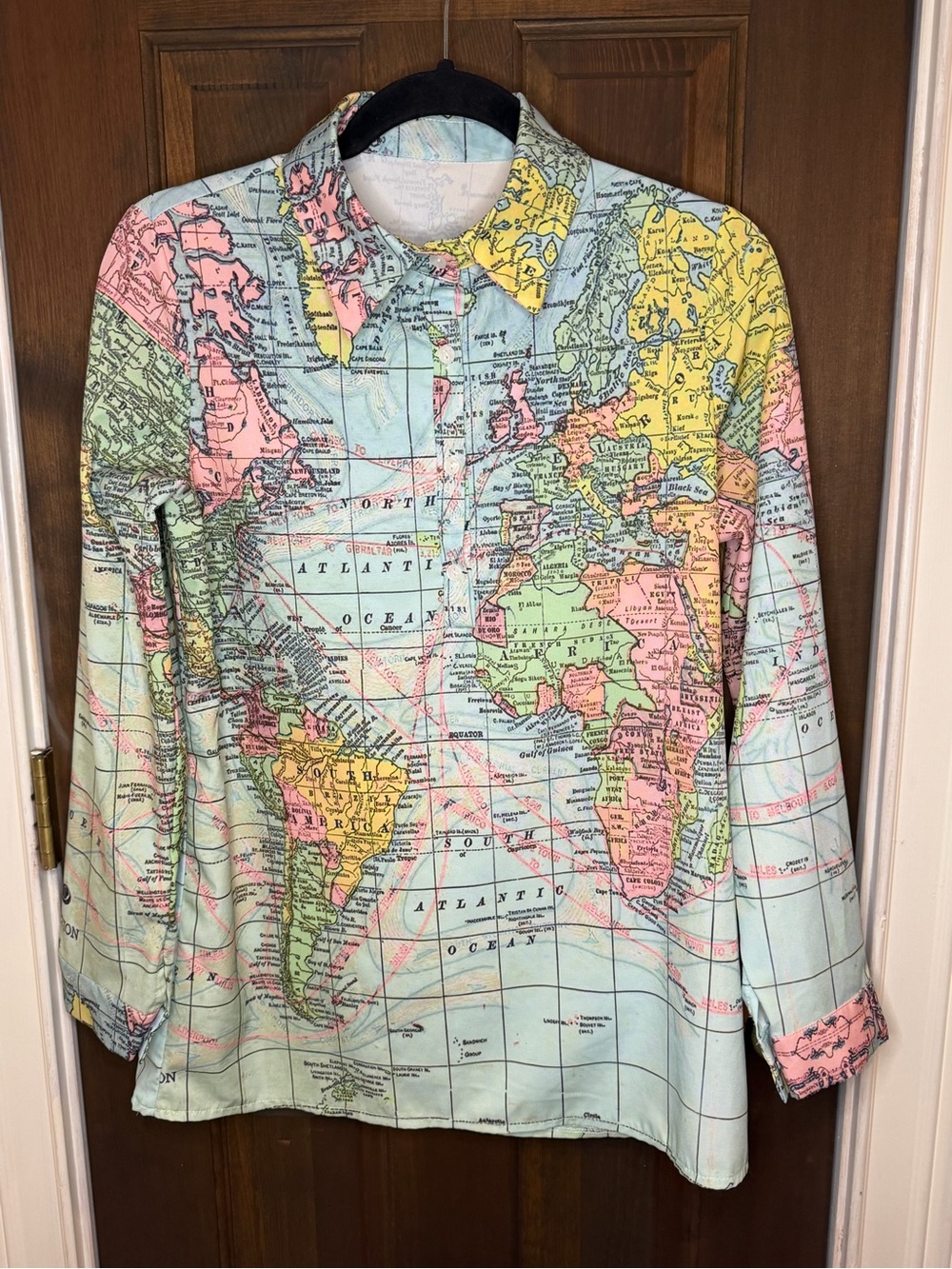 Retro Style World Map Print Pullover V Neck Button Shirt Blouse Ms Frizzle
